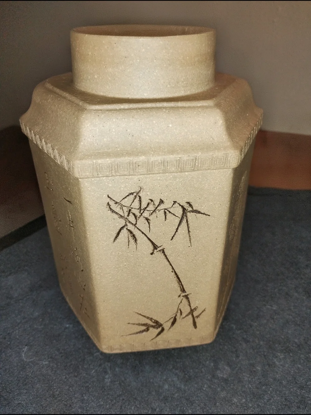 Vintage Chinese Yixing Zisha Clay Hexagon Tea Canister Jar Calligraphy Flowers